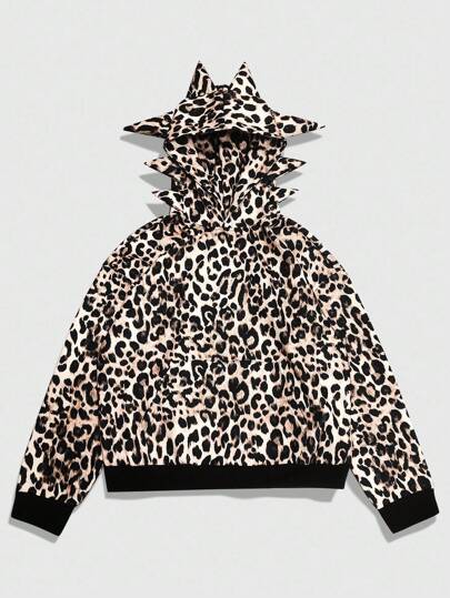 Street Life Sudadera con capucha de estilo corto y suelto con estampado de leopardo y antenas asimétricas para hombre, otoño