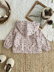 SHEIN Baby Girl Casual Ditsy Floral Fleece Hooded Jacket, Autumn/Winter Fall - Apricot - View 2