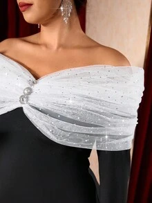 Allurite Robe moulante noire à manches longues, épaules dénudées, fendue, avec patchwork de maille pailletée élégante française pour femmes grandes tailles, printemps/automne. Robe de cocktail de soirée pour femmes. - Noir - Voir 5