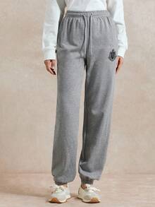 Briarwyn Women's Casual Solid Color Knit Sweatpants, Minimalist Printed Daily Wear,Women's Autumn Winter Pants - Dark Grey - View 4