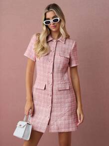 Enchnt Fall/Winter Romantic Women's Elegant Commuter Pink Tweed Button Front Short Sleeves Mini Dress ,Sweet&Elegant&Fashionable For Vacation&Date&Holiday&Birthday&Party&Graduation&Wedding Guest&Office&Going Out,Back To School,Fall Dress For Women,Autumn Clothes - Pink - View 5