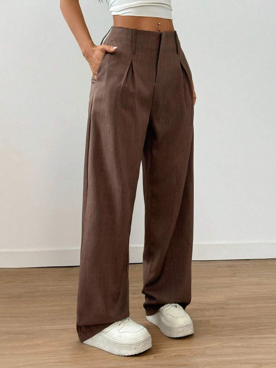 EMERY ROSE Pantalones anchos de mujer en unicolor con bolsillos - Marrón - Ver 1