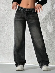 SHEIN ICON 女式休闲水洗低腰直筒牛仔裤 - 黑色 - 查看 3