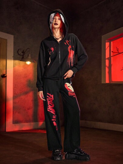 WB Horror X SHEIN Women's Casual Fashion Street Punk Horror Movie Character & Letter Print Zip-Up Hoodie And Straight Leg Sweatpants Set, Spring/Autumn
