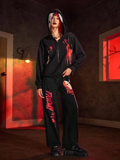 WB Horror X SHEIN Women's Casual Fashion Street Punk Horror Movie Character & Letter Print Zip-Up Hoodie And Straight Leg Sweatpants Set, Spring/Autumn