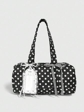 Kawaii 1pc Japanese Sweet Multi-Layer High Capacity Black & White Polka Dot Handbag, Plaid Bow Decor, Card Holder Pendant, Women's Shoulder Bag, Y2K School Style Mini Bag
