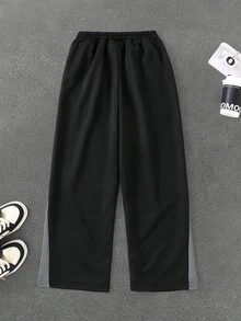 PAVTROS 1pc Boys' Casual Comfortable Black Knit Patchwork Wide Leg Pants, Street Style, Autumn/Winter - Black - View 2