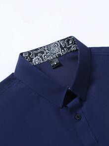 Manfinity Mode Men's Minimalist Print Long Sleeve Shirt Men Royal Blue Dress Shirt Slim Fit Dress Shirt Men Elegant Shirt, Fall - Navy Blue - View 4