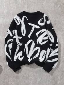 Coolqubz Tween Boy Fashion Pattern & Letter Intarsia Knit Sweater Long Sleeve Pullover, Autumn/Winter Boys Graphic Sweater Teen Boy Sweater Boys Knit Sweater Tween Boys Sweater Kids Graphic Sweater Teen Boys Sweater Boys Black And White Sweater Fall,Unisex - Black - View 2