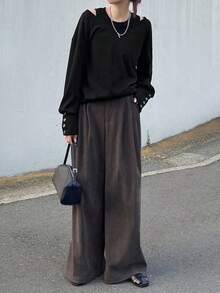 FRIFUL 2pcs Women Ribbed Knit Camisole And Loose Fit Long Sleeve T-Shirt Set, Black, Autumn