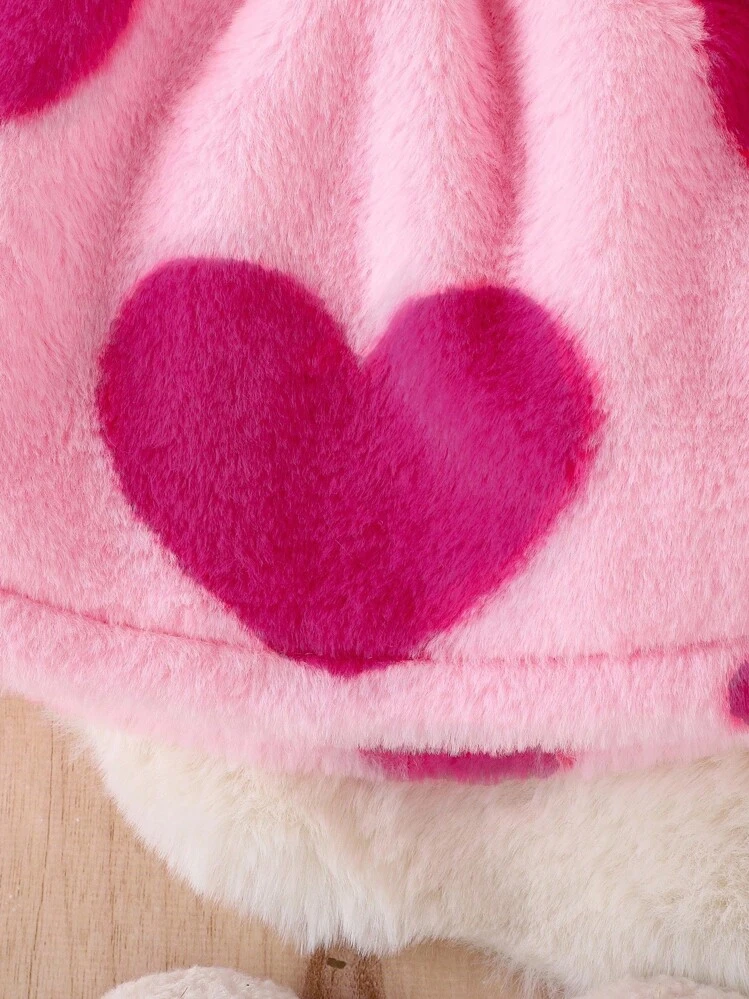 Baby Girl Elegant Heart Print Fluffy Sweater Set With Hat, Fall/Winter Clothes - Pink - View 8