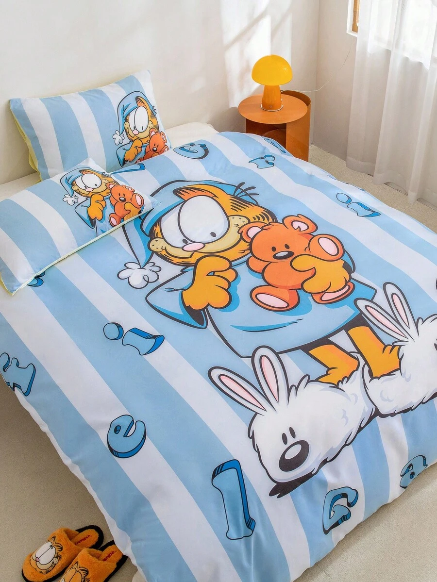 GARFIELD | SHEIN 3pc Soft Cute Cartoon Cat Print Blue Bedding Set,Suitable For Single Bed/Double Bed/Queen Bed/King Bed, Dormitory/Home - Blue - View 1