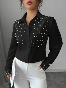 Elenzga 女士杏色仿珍珠拼布长袖衬衫 - 黑色 - 查看 3