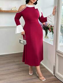 Modelyn Plus Size Women Tie Bow Ruffle Shoulder Rhinestone Embellished Bodycon Elegant Dress, Suitable For Commute And Party - Red - View 6