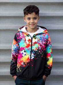 SHEIN Tween Boys' Casual Versatile Sports Streetwear Graphic Hoodie Jacket, Suitable For Commuting, School, Daily, Vacation, Sports, Spring/Summer/Autumn/Winter, Graphic Jacket, Teen Hoodies Boys Zipper, Anime Hoodie, Soccer Graphic Jacket, Boys Graphic Zip Up Hoodie Fall - Black - View 8