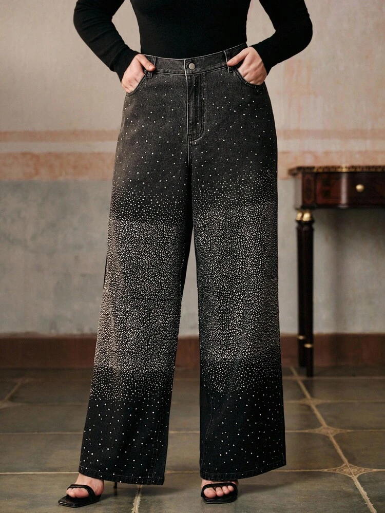 Pantalones rectos con adornos de strass para mujer de talla grande, aptos para otoño, invierno, salir, elegantes, formales, fiestas, chic, Año Nuevo, Navidad, trabajo, graduación, boda