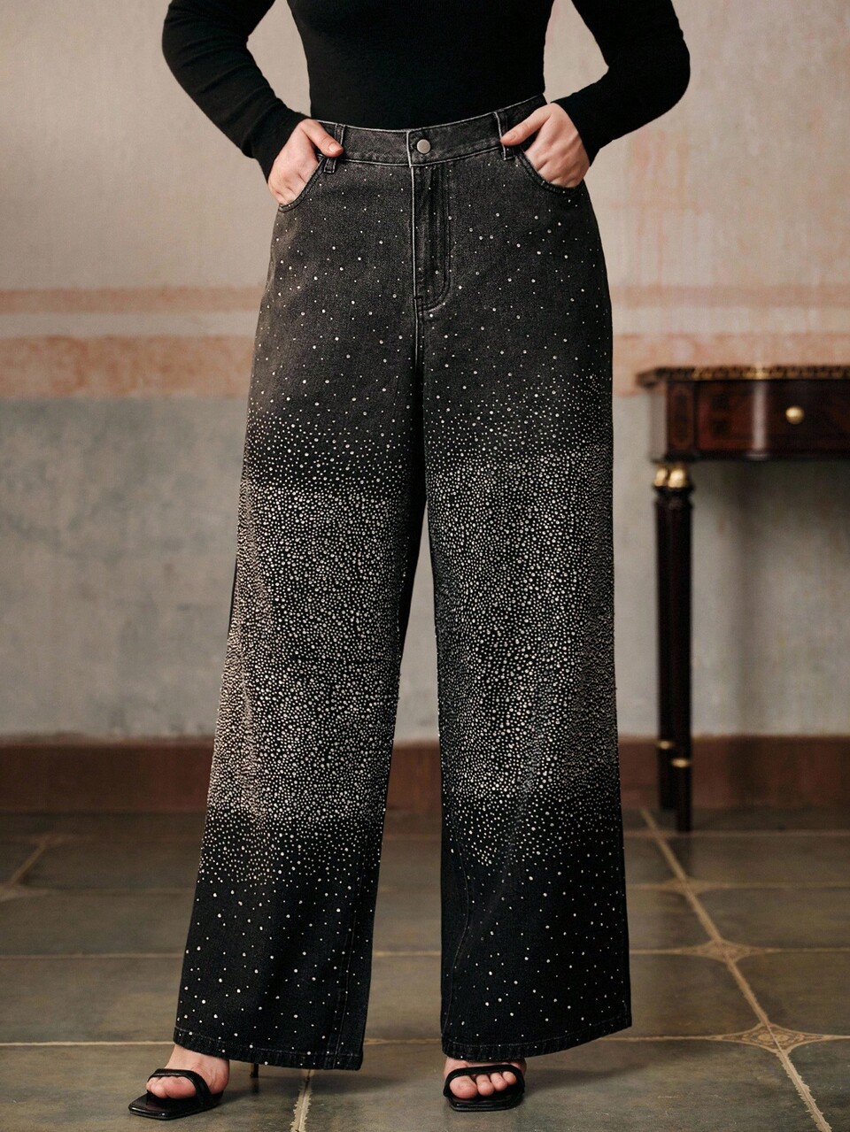 Plus Size Women's Rhinestone Embellished Straight Leg Pants,Dark Blue,Summer,Girlism,Night Out Club,Elegant Formal Party Chic New Year Wedding Work