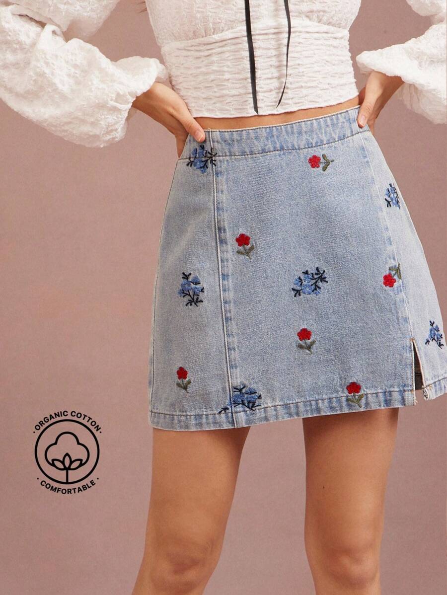 WESTFADE 春季混色花卉刺绣高腰开衩A字迷你裙夏季沙滩度假休闲可爱牛仔短裙 - 淺色水洗藍 - 查看 1