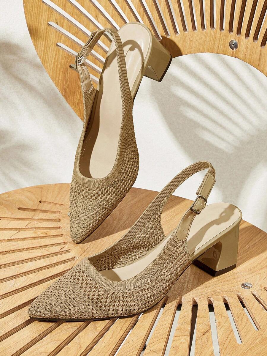 CUCCOO BASICS Women's Pointed Toe Chunky Heel Mid-Heel Slip-On Knit Backstrap Breathable Pumps, Spring/Summer - Khaki - View 1