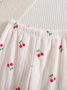 2 件套 Tween 女童毛绒樱桃图案撞色镶边长袖上衣和裤子睡衣套装 - 紅白色 - 查看 4