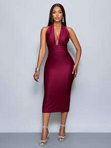 SOLERSUN Sexy Women's Deep V-Neck Halter Sleeveless Dress Maxi Women Outfit - Dark Red - View 5