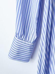 Franclia 通勤简约条纹长袖系带拼布褶皱连衣裙 - 藍色 - 查看 5