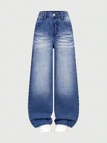 بنطلون جينز واسع الساق مهترئ بتصميم كاجوال رجعي مناسب للجنسين، لفتيات البدناء، باللون الأزرق - الأزرق - مشاهدة 9