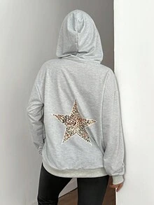 2 pezzi Set di felpa con cappuccio e leggings da donna con stampa leopardata e a stelle