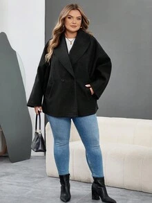 SHEIN CURVE+ Abrigo negro elegante con solapa para mujer de talla grande, de manga larga y versátil, adecuado para otoño/invierno - Negro - Ver 7
