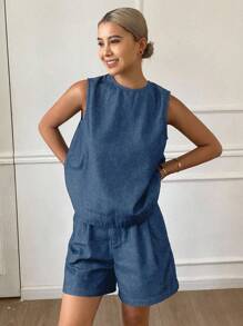 DAZY 女式深水洗蓝色圆领露背无袖宽松牛仔上衣和短裤两件套