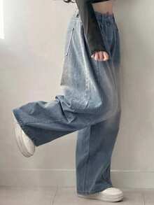 DAZY 女士口袋宽松阔腿休闲百搭牛仔裤 - 中等水洗藍 - 查看 3