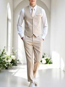 SHEIN 2 件套青少年男孩绅士风格服装，纯色撞色胸袋修身背心 + 优雅长裤，适合生日、婚礼、婚礼嘉宾、花童、戒童的正式服装 - 杏色 - 查看 1