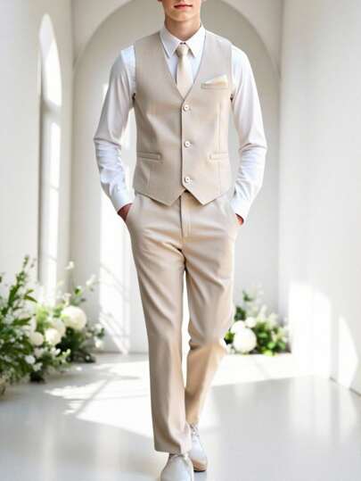 SHEIN Set de 2 piezas de Traje de estilo caballero para niño adolescente, con chaleco de ajuste slim con bolsillo contrastante en el pecho + pantalones elegantes, vestimenta formal para cumpleaños, boda, invitado de boda, paje, portador de anillos