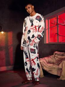 A Nightmare on Elm Street X SHEIN Men's Autumn Skeleton & Letter Print Long Sleeve Top And Pants Loungewear Set - Multicolor - View 4