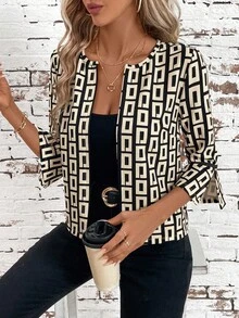 SHEIN Clasi 秋冬女式几何印花七分袖前开式休闲轻便夹克 - 彩色 - 查看 1