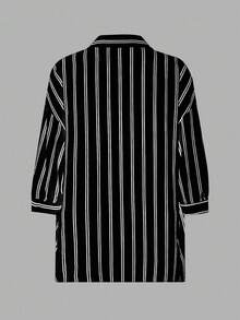 SHEIN Essnce Plus Size Women Summer Outfits For Women Beachwear Vacation Outfits Woman Easter Beach Outfits For Woman Workout Sets Women Business Casual Woman Gym Lounge Sets For Women Office Outfits For Women Rave Outfits Festival Cruise Attire Women Summer Shorts Joggers Vacation Two Pieces Set Teacher Graduation Outfit Minimalist Striped Shirt, Solid Color Camisole And Shorts Casual Set - Black - View 2