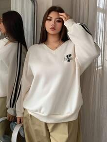 Dazy Plus V-Neck Graphic Print Color Block Ribbon Loose Sporty Casual Plus Size Women Sweatshirt, Spring/Autumn