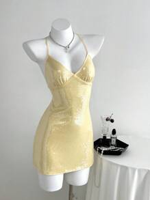 SHEIN Unity 1 chiếc Đầm dự tiệc cưới thanh lịch hở lưng màu vàng kem lấp lánh dành cho nữ, cổ thấp, dây buộc, dự tiệc cưới, mùa thu - Màu vàng - Xem 3