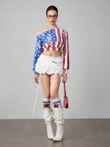 ROMWE Avant Women's Y2K Retro Sports Style Jersey Girl American Flag Print Cropped Oblique Shoulder Sweatshirt - Multicolor - View 2