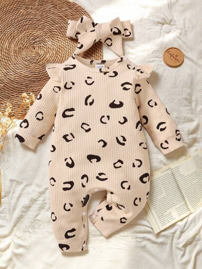 SHEIN Vintaside Kids Baby Girl Allover Print Ruffle Trim Jumpsuit & Headband