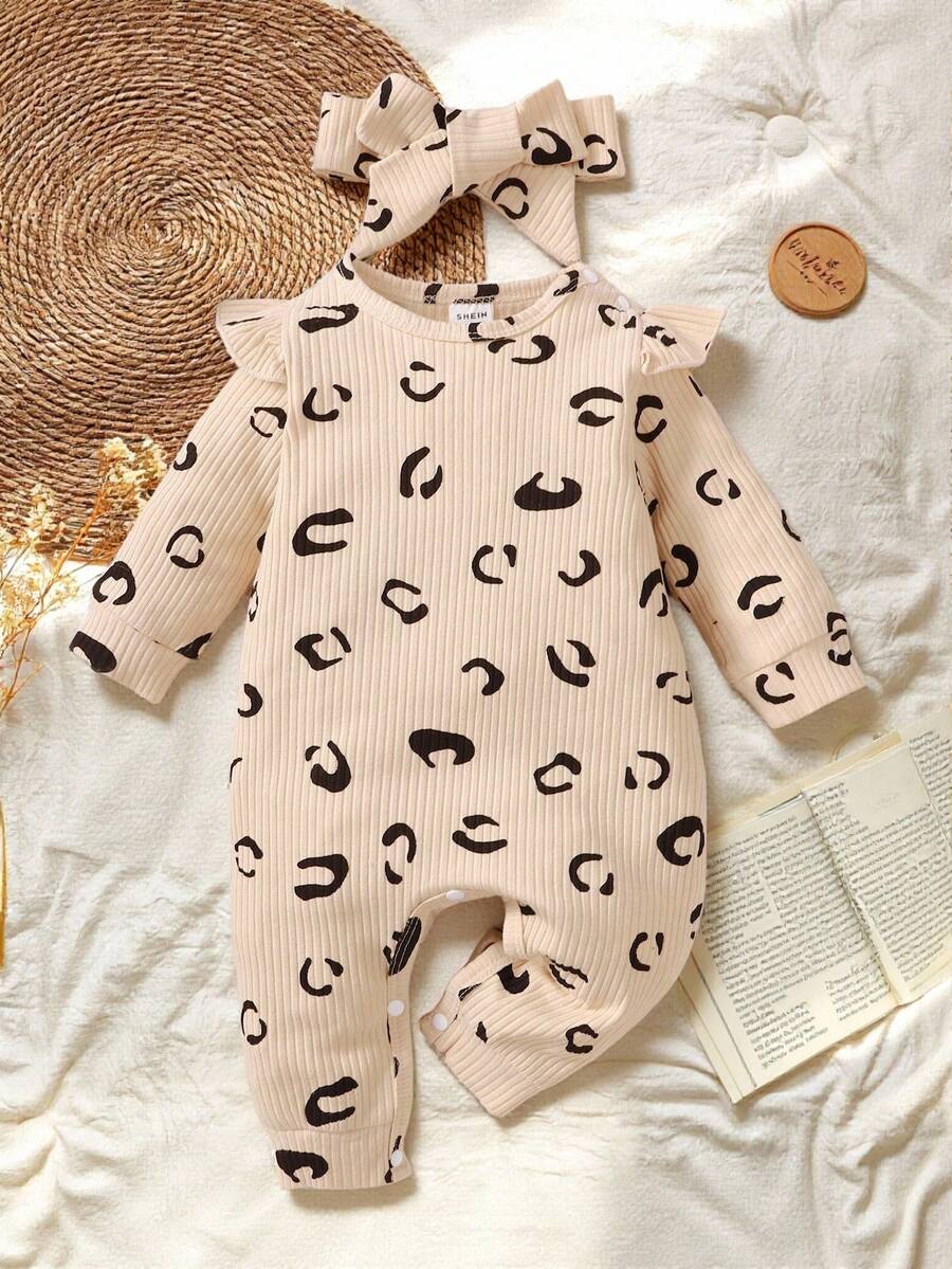 SHEIN Vintaside Kids Baby Girl Allover Print Ruffle Trim Jumpsuit & Headband