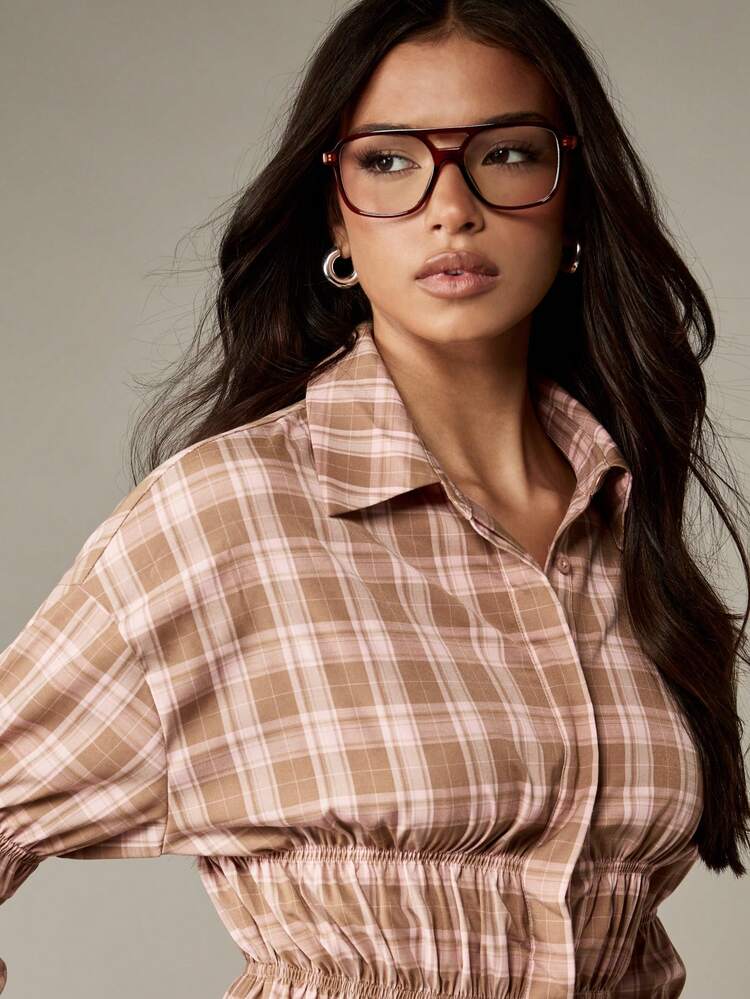 MISSGUIDED Blusa a cuadros elegante con detalle de cintura fruncida, camisa de manga larga con cuello, uso casual de oficina y profesional para otoño e invierno