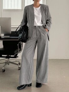 DAZY Costum casual din denim pentru femei, cu decolteu în V, lejer, cu dungi, sacou și pantaloni lejeri cu picior drept, 2 piese - Gri - Vizualizare 3