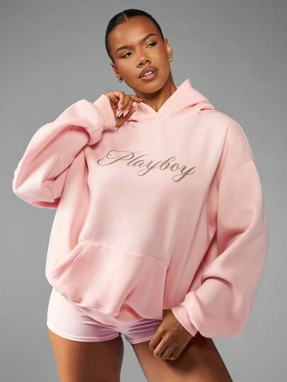 Missguided Oversized Hoodie with Front Logo Print Loungewear Casual Street Style Winter Fall Fashion Cozy Loose Fit Warm Pullover Drawstring Hood