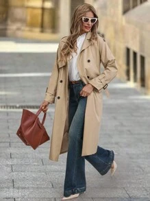 Solivie 女士优雅法式 PU 皮革长款风衣，通勤百搭，秋季 - 卡其色 - 查看 5