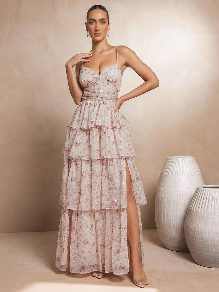 L'Amorae Women's Elegant Floral Print Ruffle Hem Slit Dress, Summer - Pink - View 3