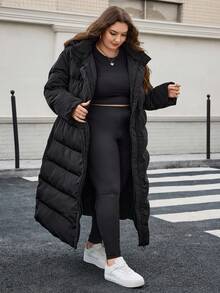 SHEIN CURVE+ 女式加大码连帽长款夹棉外套（配腰带），秋冬 - 黑色 - 查看 3