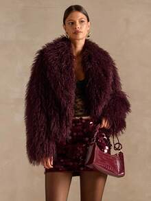 SHEIN BAE Elegant Solid Color Faux Fur Jacket, Autumn/Winter, Fur Coat Women ,Faux Fur Coat,Burgundy Fur Coat,Autumn-Winter Fur Coat - Red Violet - View 5