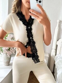SHEIN 撞色蕾丝V领开衫短袖和裤子女士休闲宽松针织睡衣套装 - 杏色 - 查看 5