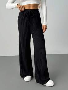 SHEIN Tall Pantalones anchos de pierna ancha con cinturón de unicolor, pantalones cargo casuales y sueltos para mujer - Negro - Ver 4
